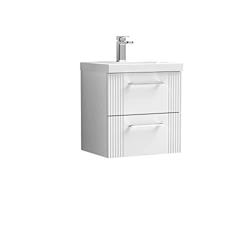 Image of nuie DPF192A Deco Modern Bathroom Wall Hung 2 Drawer Part Fluted Vanity Unit with Mid-Edge Ceramic Basin, Satin White