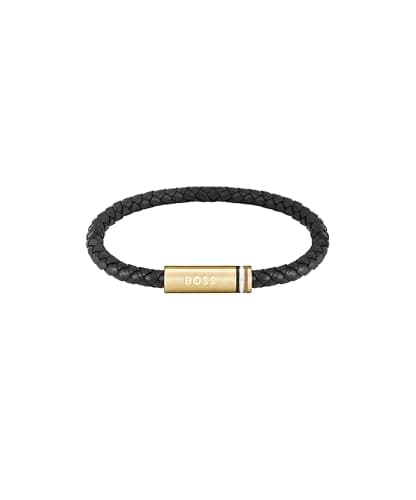 Image of BOSS Jewelry Men's ARES SINGLE Collection Bracelet with Black Leather and Gold Stainless Steel Closure - 1580624