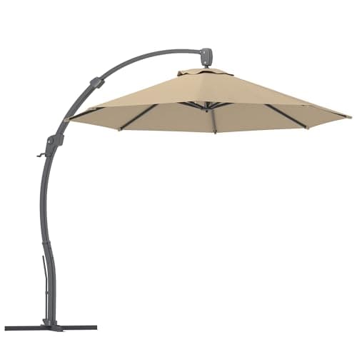 Image of Outsunny 3(m) Garden Cantilever Parasol, Round Overhanging Umbrella with Crank Handle, Cross Base, Aluminium Frame and 360° Rotation, Banana Patio Umbrella for Outdoor Sun Shade, Khaki