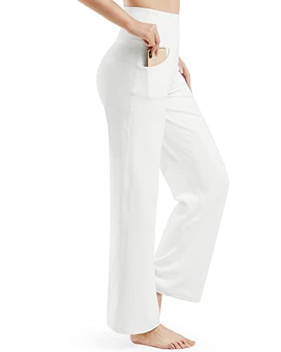 Image of Promover Yoga Pants for Women with Pockets Wide Leg Trousers for Women UK Stretch Work Tracksuit Bottoms Joggers Causal Lounge Tummy Control Pants(White,L,Regular)