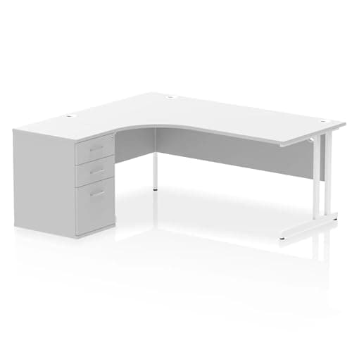 Image of Mr Office Impulse Left Crescent Desk, White Cantilever Leg Workstation - with 600mm pedestal, White, 1800