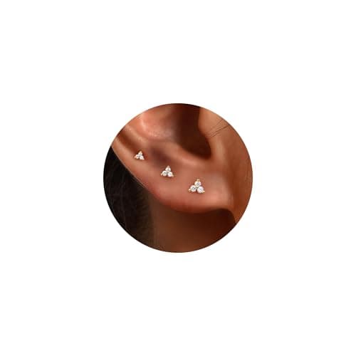 Image of KALVICA Hypoallergenic 925 Sterling Silver Earrings for Women Small Gold Stud Earring Sets for Multiple Piercings Cubic Zirconia Flower Heart Dot 14K Gold Plated Cartilage Jewellery Gifts 3 Pairs