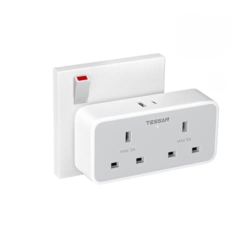 Image of TESSAN Double Plug Adapter UK with 2 USB, 2 Way Multi Plugs Extension Socket, 13A UK Dual Surge Protected Wall Charger Power Adaptor for Home, Office, Kitchen, School Supplies