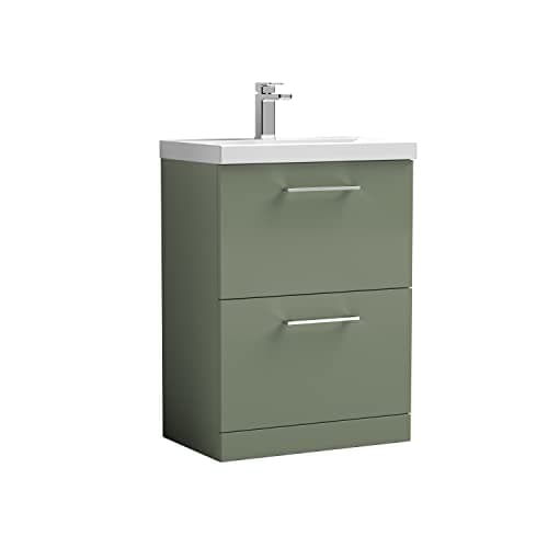 Image of nuie ARN833A Arno Modern Bathroom Floor Standing 2 Drawer Vanity Unit with Mid-Edge Ceramic Basin, 600mm, Satin Green