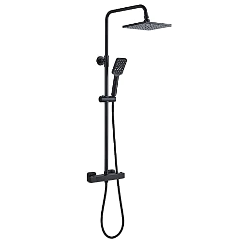 Image of Solepearl Thermostatic Shower Mixer Set Matte Black, Square 38 °C Thermostat Shower Bar Set with 8" Rainfall Head, 3-Function Handheld Sprayer, Anti Scald Twin Head System, Adjustable Height