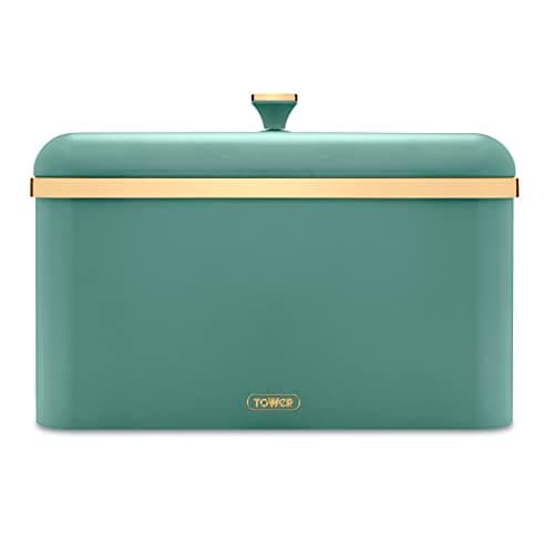Image of Tower Cavaletto Bread Bin with Removable Lid, Large Capacity, Durable Steel Body, Jade Green and Gold