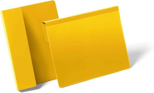 Image of Durable Hanging Ticket Holder Label Pocket Document Pouch - 50 Pack - A5 Yellow - Perfect for Use on Warehouse Racking for Picking Locations