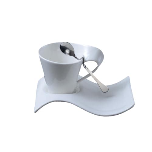 Image of soulnioi 3PCS Cappuccino Set (Cup+Spoon+Saucer), Wave Shaped White Saucers Mug Cup for Latte Coffee Cappuccino, for Arty Kitchen Home Breakfast Cutlery (130ML Cup)