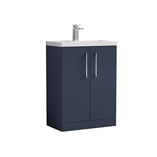 Image of nuie PAL035E Arno Compact Modern Bathroom Floor Standing 2 Soft Close Door Cloakroom Vanity Unit with Ceramic Basin, 600mm, Midnight Blue