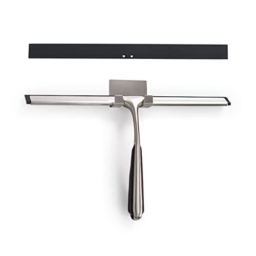 Image of Shower Squeegee,Stainless Steel Shower Screen Wiper with Wall Mounted Adhesive Hook for Bathroom,Mirror,Window and Glass Cleaning,Include 1 Replacement Silicone Blade,12" Brushed Nickel.