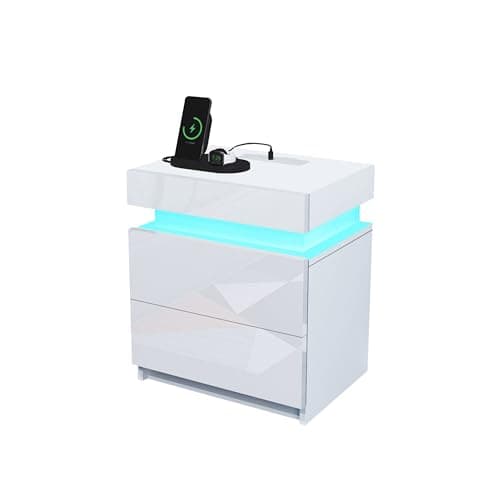 Image of Chebinsiti LED Bedside Table Modern LED Bedside Cabinet with 2 Drawers and Charging Station High Gloss LED Nightstand Storage Cabinet with Flip Cover Bedroom Furniture White