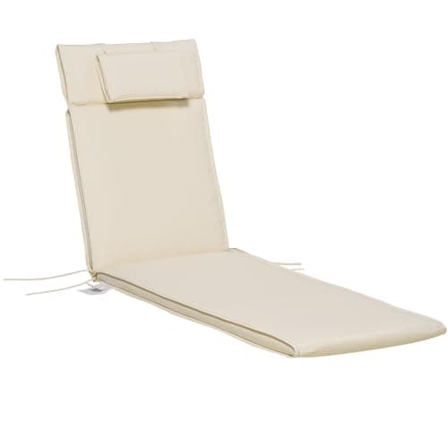 Image of Outsunny Garden Sun Lounger Cushion Replacement Thick Sunbed Reclining Chair Relaxer Pad with Pillow - Cream White