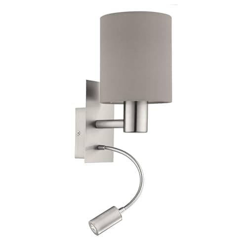 Image of Eglo Pasteri 2-Bulb LED Fabric Wall Lamp, Steel and Fabric Bedside Light Coloured in Nickel Matt and Taupe, E27 Socket, incl. Switch and Flexible Reading Light