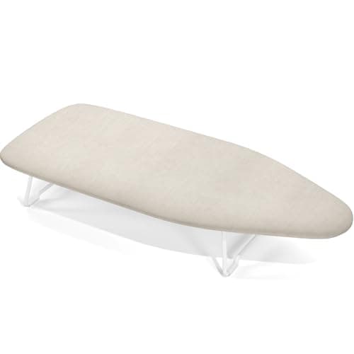 Image of Small Ironing Board Tabletop with Heat Resistant Cover, Compact Mini Ironing Board with Metal mesh Frame, for dorms, aprtment and Travel, Hook for Hanging, Iron Board 31 x 76 cm, Iron Table Beige