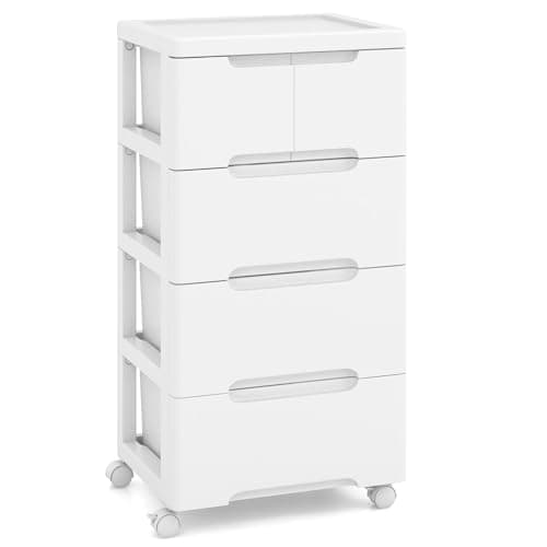 Image of Multigot Chest of Drawers, 5/6/7-Drawer Dresser Rolling Storage Cabinet with Wheels, Vertical Storage Tower Chest Mobile Cart Organizer Unit for Living Room, Bedroom, Closet (White, 4-Tier)