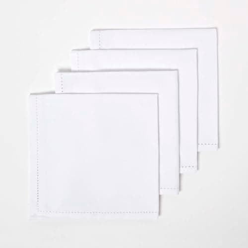 Image of HOMESCAPES Premium White Cloth Napkins, Set of 4, Handcrafted, Plain 100% Cotton Fabric Napkins, Washable & Reusable, Dinner Table Napkins for Parties, Events & Weddings - White, 45 x 45cm