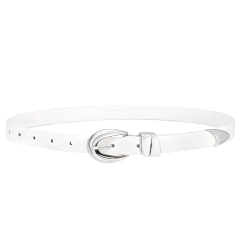 Image of VONMELLI Women Skinny Leather Belt for Jeans Pants Dresses Fashion Ladies Waist Belt with Gold Buckle White-silver Buckle Fit Waist Size 28"-31"
