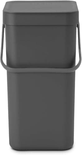 Image of Brabantia Sort & Go Waste Bin 12L (Grey), Space-Efficient Plastic Recycle Container with Handle, Removable and Stay-Open Lid, Easy to Clean Kitchen Bin without Nooks and Rims