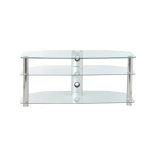 Image of Clear Glass TV Stand 1150mm Wide 3 Shelf for Up To 55 inch TV's With Chrome Silver Legs, by MMT