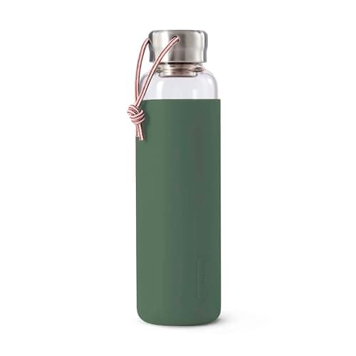 Image of BLACK + BLUM Glass Leak-Proof, Lightweight Travel Water Bottle with Protective Sleeve, Olive, 600ml / 20fl oz