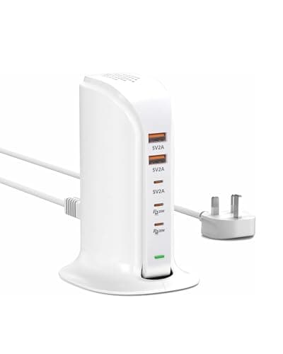 Image of Qurzou USB C Charging Station 55W,Multi USB C Charger Tower,5 Port USB Charging Hub for iPhone 16/15/14/13,Samsung,iPad,etc(white 55W)