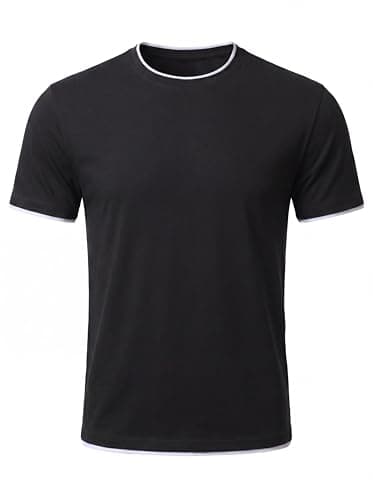 Image of Hisir Men's Casual T-Shirt Short Sleeve Crewneck with Contrast Trim Cotton Blend Stretch Tee Regular Fit for Summer & Daily Wear (Black White, XL)