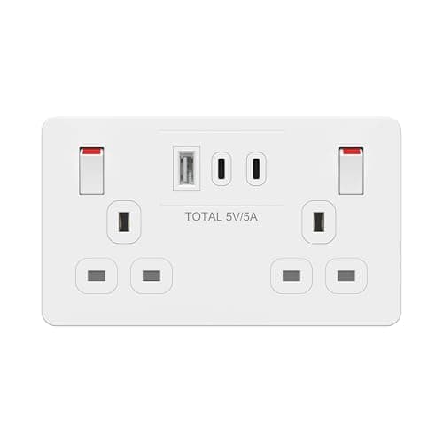 Image of LIDER 2-Gang Switched 13A Double Socket with USB TYPE C & A Charger Ports, 25W Combined Output, Always-On USB, Child Safe, Low Energy Standby, Glossy Finish, White