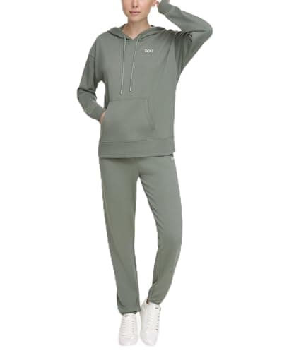 Image of DKNY Women's Metallic Logo Hoodie Hooded Sweatshirt, duck green, S