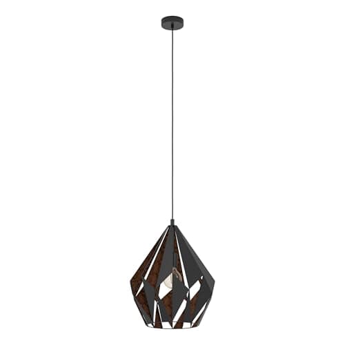 Image of Eglo Carlton 1 Vintage Pendant Light, Retro Black and Copper-Coloured Steel Hanging Light, E27 Socket, Ø 38.5 cm/15.1 inches