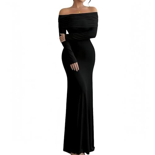 Image of Chesoon Women's Long Sleeve Dress with Elegant Off the Shoulder Bodycon Maxi Dress Mesh Cocktail Party Wedding Guest Formal Black