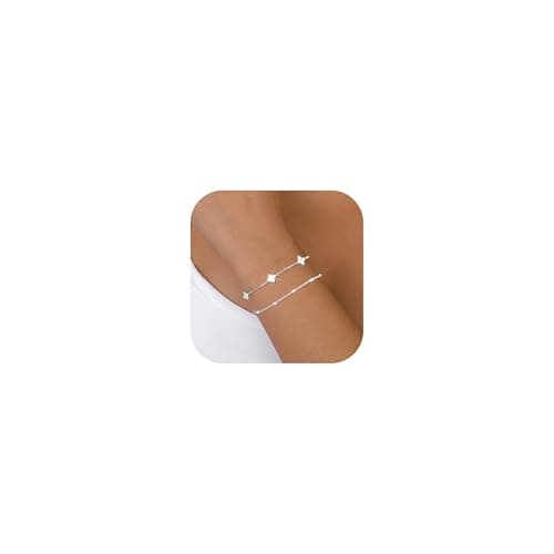 Image of MUCCA 2Pcs Silver Bracelet for Women 925 Sterling Silver Bracelet Layered Dainty Clover Bracelet with Cubic Zirconia Adjustable Women Bracelets Jewellery Birthday Gifts for Women