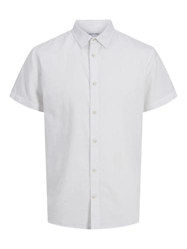 Image of JACK & JONES Mens Cotton Shirts, Short Sleeve Button Down Summer Polo Shirts for Men UK, White Colour, Size L