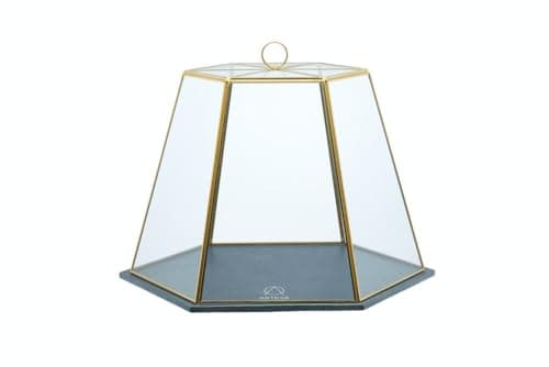 Image of Artesà Geometric Glass Cake Dome, Cheese Dome with Lid, Slate Serving Board, 31 x 27.5 x 25cm, Brass Effect