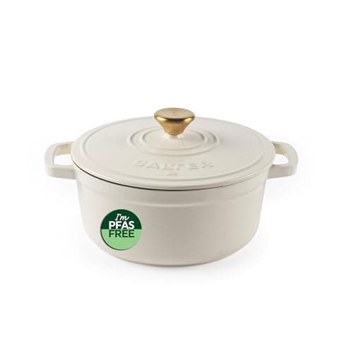 Image of Salter Chester 24cm Cast Iron Casserole Pot – Self-Basting Lid, Dutch Oven/Stock Pot, Enamel Coated Cast Iron, Oven Safe, Suitable for All Hob Types Including Induction, 3.4L Cap., PFAS-Free, Cream