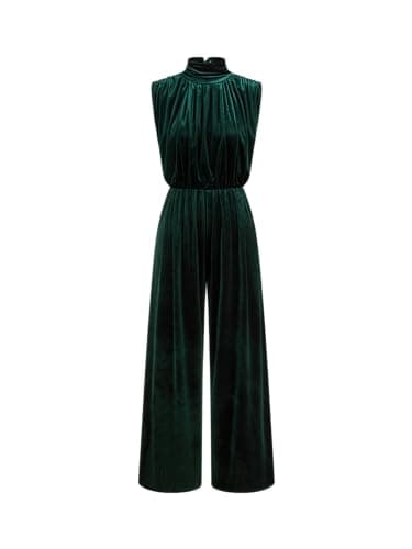 Image of CIDER Velvet High Neck Ruched Zipper Wide Leg Jumpsuit: Dark Green, M