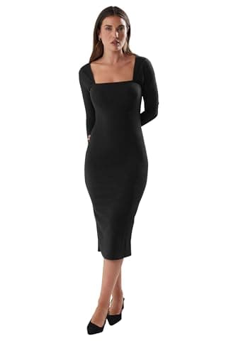 Image of Long Tall Sally - LTS Tall Square Neck Bodycon Midi Dress - Women's Black