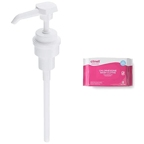Image of Hibi 99XX0453 Scrub Antimicrobial Pump Dispenser, 500ml,White & Clinell Chlorhexidine Wash Cloths - Body Wipes, Rinse Free Solution, Kills Bacteria, Dermatologically Tested - Pack of 8 Cloths (Pink)