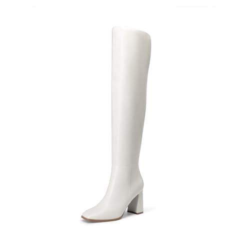 Image of DREAM PAIRS Women's Tall Over the Knee Boots Thigh High Fall Block Chunky Heeled Knee High Long Boots with Fashion Square Toe and Side Zipper,Size 5,White,DWUMOB2515