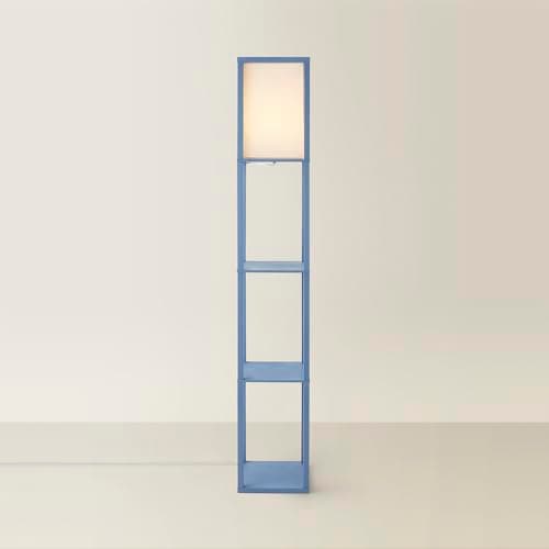 Image of ValueLights | Struttura Pastel Blue Wood Shelving Floor Lamp with Fabric Shade with LED Bulb | Floor Lamps, Home Décor & Improvement Essential | Included LED Bulb