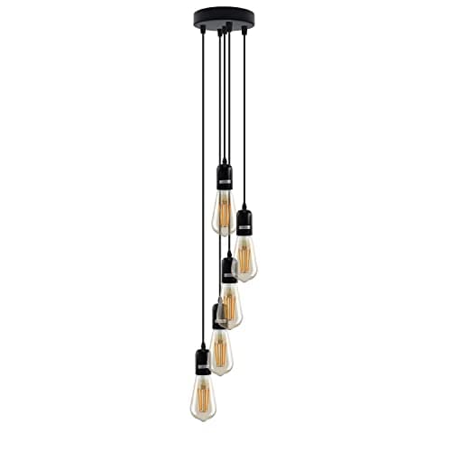 Image of LEDSone Vintage Pendant Ceiling Rose Light Fitting Modern Retro Industrial Style E27 Lamp 5 Way Pendant Light (Black, with Bulb)