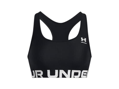 Image of Under Armour Women's HeatGear Mid Branded, Comfortable and Breathable Women's Sports Bra, Supportive Racer Back Gym Bra Black