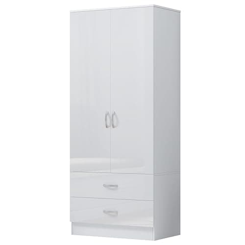 Image of Nera Gloss 2 Door Wardrobe with Drawers 76cm Wide Wardrobe for Bedroom Shelves and Hanging Rail Soft Close Hinges Storage Cabinet (White Gloss (Matt White))