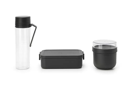 Image of Brabantia - Make & Take Breakfast & Lunch Set - Set of 3: Water Bottle 0.5L, Breakfast Bowl 0.5L & Lunch Box Medium (1.1L) - BPA-Free - Leakproof - Dishwasher Safe - Dark Grey