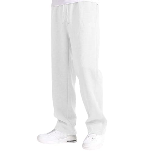 Image of Joggers for Men UK Tracksuit Jogging Bottoms Straight Leg Open Hem Joggers Uncuffed Elastic Waist Drawstring Sweatpants Workout Gym Track Pants Casual Fleece Winter Trousers White M