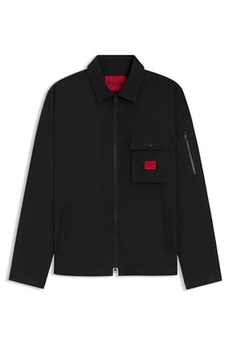 Image of HUGO Mens Emmond Cotton-Blend Overshirt with red Logo Label