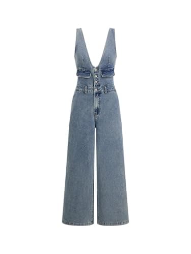 Image of CIDER Jumpsuit For Women Denim V Neck Button Wide Leg Trousers Mid Waist One Piece Romper Jean Pant