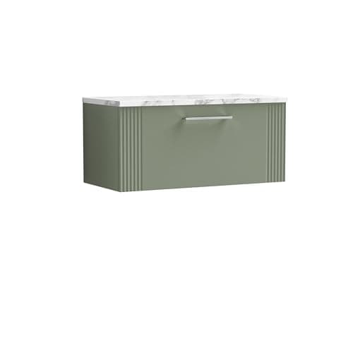 Image of nuie DPF896LCM Deco Modern Bathroom Wall Hung Single Soft Close Drawer Vanity Unit and Carrera Marble Laminate Worktop, 800mm, Satin Green