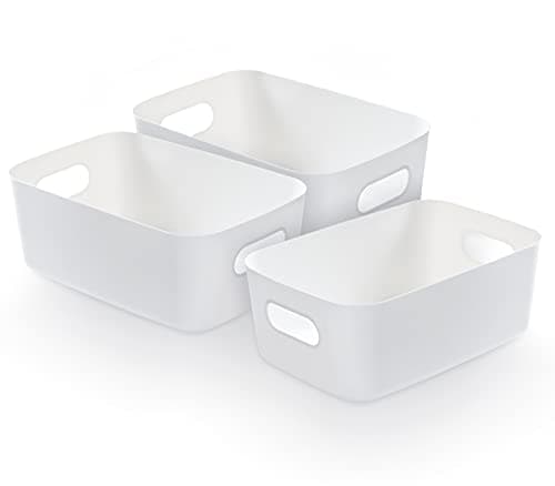 Image of Bgfuni Set of 3 Small Plastic Storage Baskets, Office Home and Kitchen Tidy Organiser, White Studio Baskets for Small, Shelf 19 x13.5 x7.5 cm(White), 3PCS (AM00937011NI)