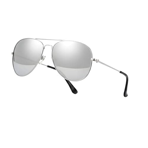 Image of Komonee Pilot Style Designer Sunglasses - Silver Frame Mirrored Reflective Lens Classic Retro Shades, Unisex Men & Women UV400 Protection Glasses, Great for Cycling Golf Fishing Sports & Holidays