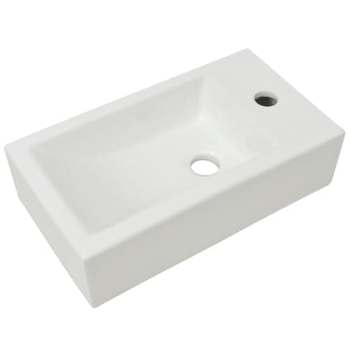 Image of 'vidaXL Rectangular Ceramic Basin with Faucet Hole - White & Premium Glazed Surface - Elegant Addition to Bathrooms, Washrooms & Powder Rooms - Easy to Clean
